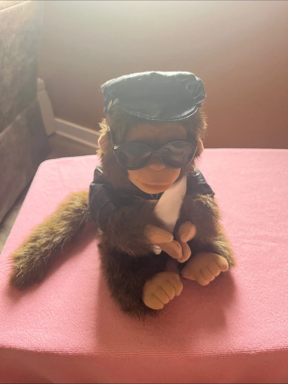 Vintage Plush Monkey Puppet with Biker Costume